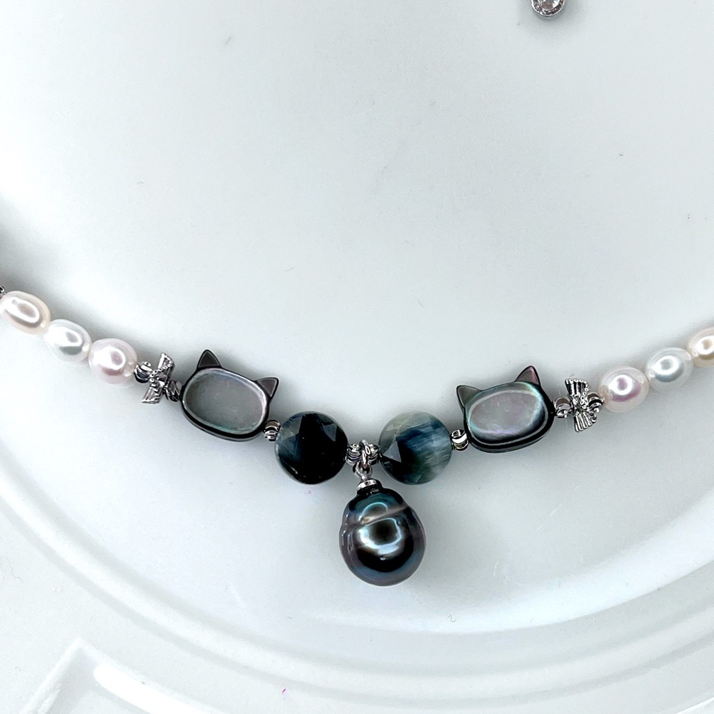 Handmade Freshwater Pearl Tahitian Pearl MOP 🐱 Star ⭐️ Blue Tiger 🐯 Eye Necklace